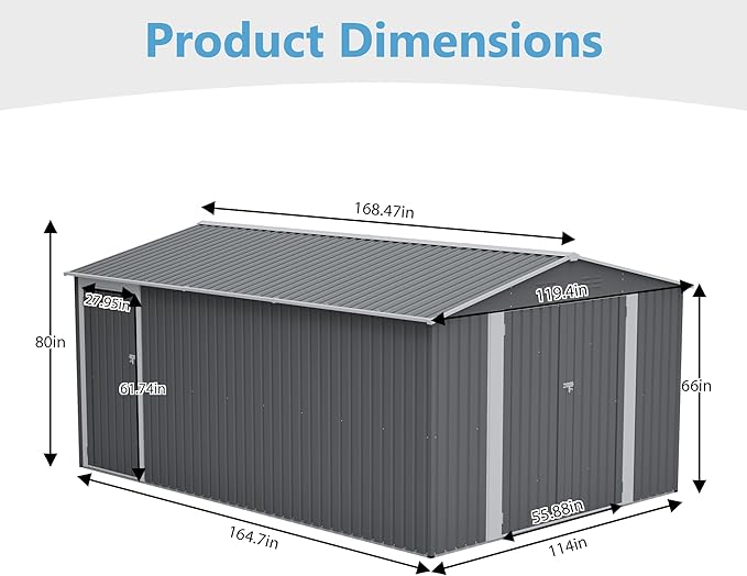10x14 FT Outdoor Metal Storage Shed, Large Garden Shed Tool Shed with 3 Lockable Doors & Side Door, Waterproof Yard Building with 4 Air Vents for Backyard, Patio, Light Gray