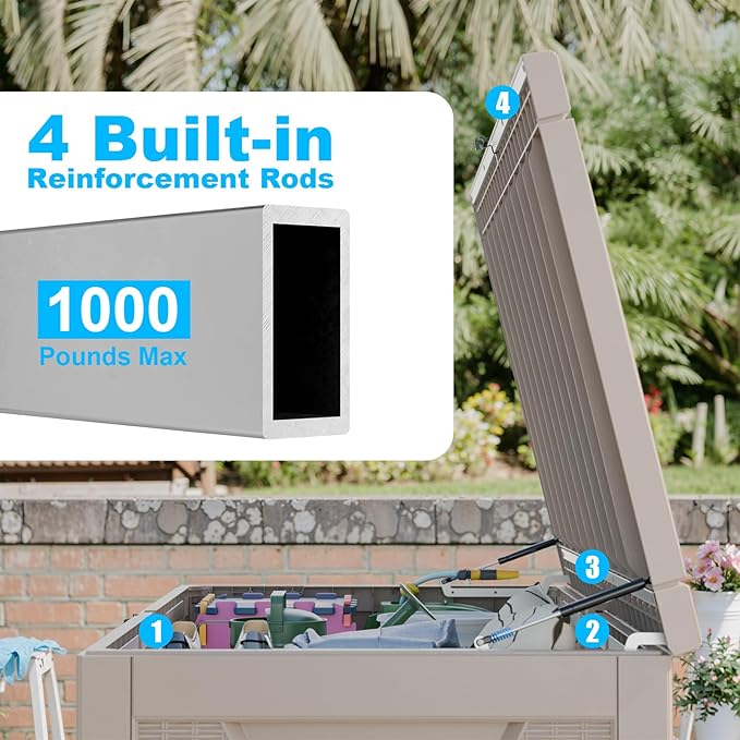 Vixzen 320 Gallon Resin Deck Box, Lockable Outdoor Storage Box for Patio Cushions Storage Furniture,Garden Tools, Pool Supplies, Weatherproof and UV Resistant- Grey