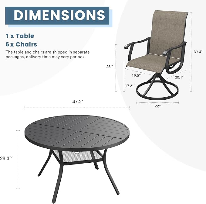 DIFY 7 Pieces Outdoor Patio Dining Set, 6 Brown Textilene Swivel Dining Chairs and 47.2" Black Round Metal Dining Table, Outdoor Table and Chairs