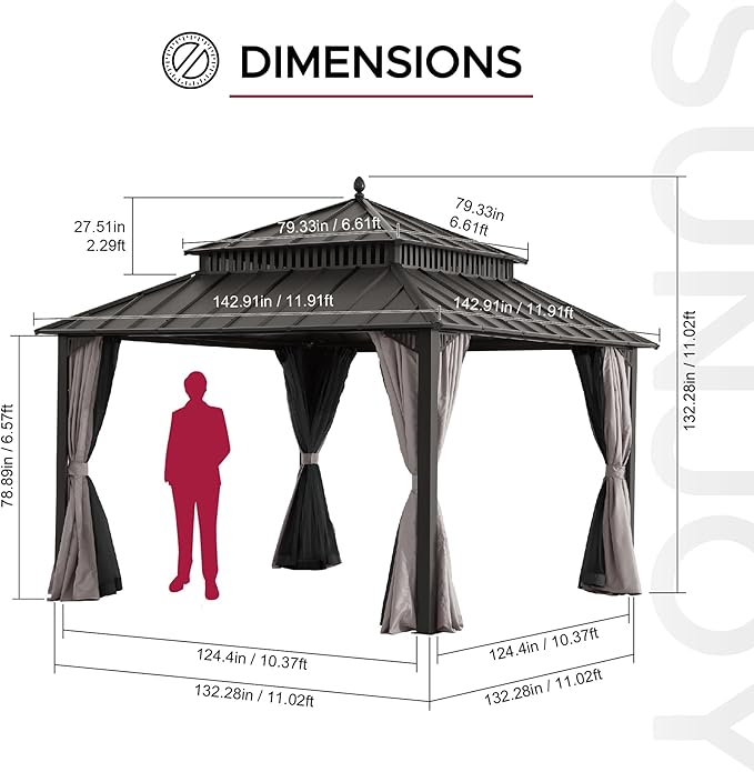 SUNJOY Kingston 12' x 12' Hardtop Gazebo with Galvanized Steel Double Roof, Curtain and Netting, Brown Aluminum Posts Permanent Pavilion Gazebo for Garden, Patio, Deck, Lawn
