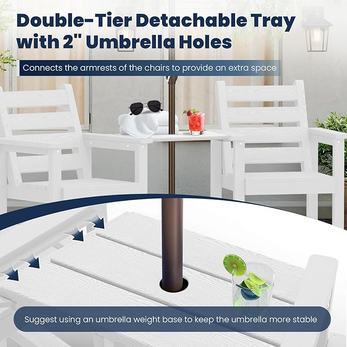 Tall Adirondack Chairs Set of 2, All Weather HDPE Poly Bar Height Balcony Adirondack Chair with Removable Double Connecting Trays, Outdoor Adirondack Barstools for Deck, Patio, Yard, Pool, Lawn