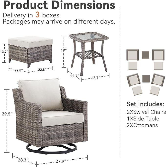Patio Furniture Set, 5 Piece Outdoor Patio Furniture with Swivel Rocking Chairs, Side Table, Rattan Ottomans, Comfy Cushions, Conversation Sets for Garden Porch Deck Backyard