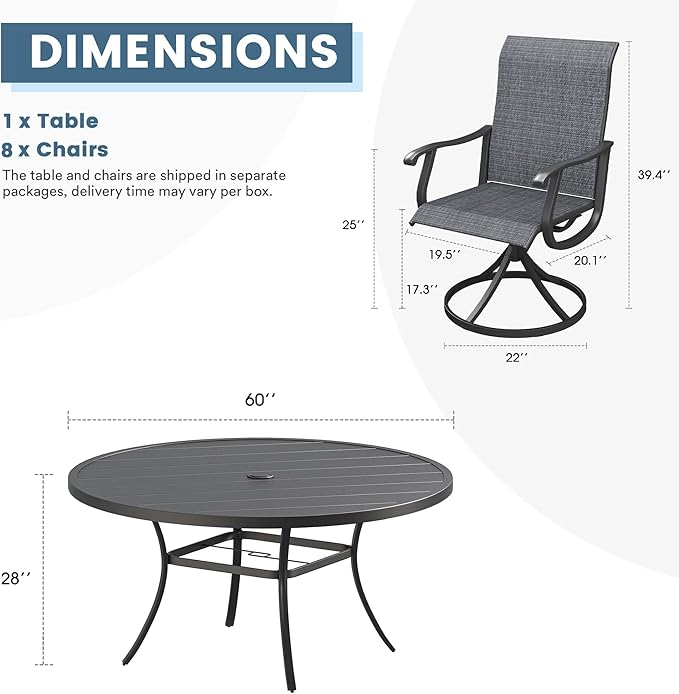 DIFY 9 Pieces Outdoor Patio Dining Set, 8 Dark Grey Textilene Swivel Dining Chairs and 60" Black Round Metal Dining Table, Outdoor Table and Chairs