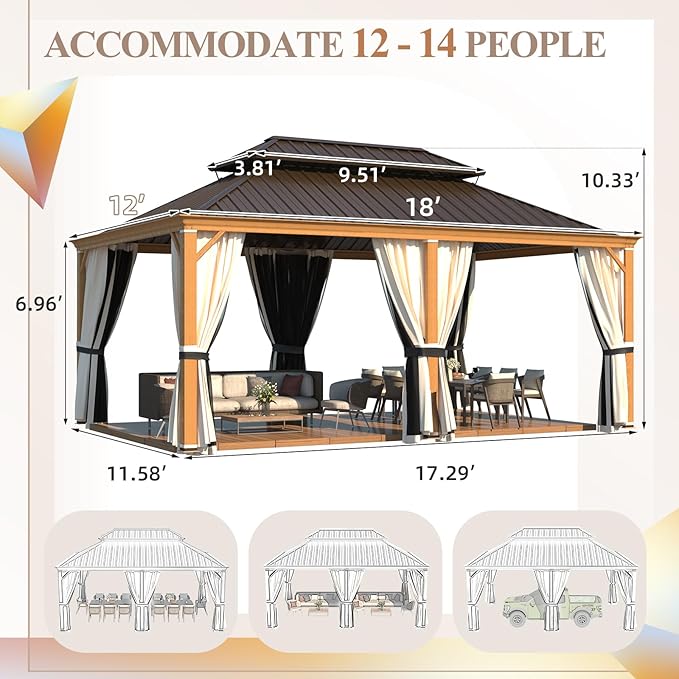 YOLENY 12' x 18' Hardtop Gazebo, Wood Grain Aluminum Frame Outdoor Gazebo with Galvanized Steel Roof, Permanent Metal Pavilion with Curtains and Nettings for Patio, Backyard, Deck and Lawns