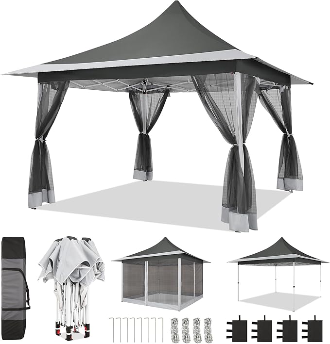 COBIZI 12x12 Pop up Gazebo on Clearance with Mosquito Netting,Waterproof Roof & Sandbags,Outdoor Canopy Tent with 4 Ropes,8 Stakes&Carrying Bag,Portable Patio Gazebo for Garden,Backyard&Lawn,Darkgrey