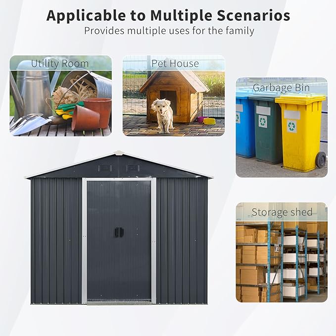 8x4 FT Outdoor Storage Shed,Metal Shed with Window & Floor,Garden Shed W/Air Vent & Lockable Sliding Door,All Weather Waterproof Tool House W/Sloped Roof,for Backyard,Patio,Lawn,Black+White