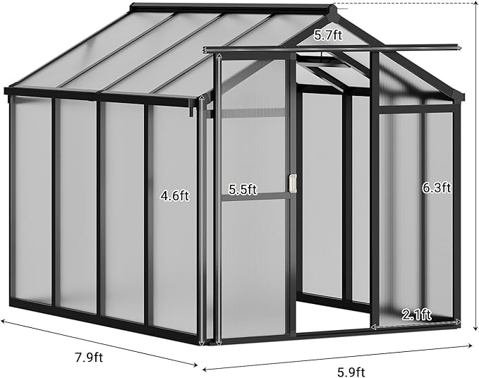 6x8 FT Greenhouse, Easy Assembly Aluminum Polycarbonate Greenhouses for Outdoors with Roof Vent and Ground Nails, Heavy Duty Aluminum Walk-in Greenhouse for Backyard, Sliding Lockable Door, Black