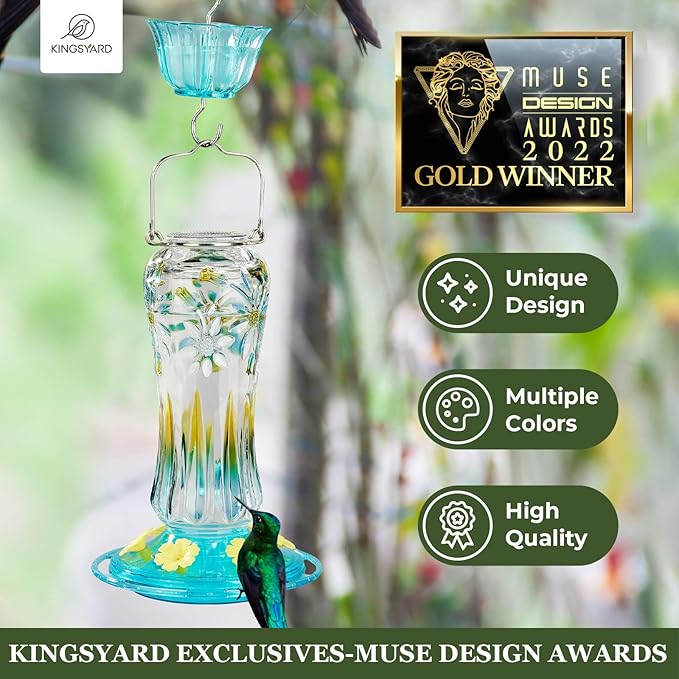 Kingsyard Hummingbird Feeder for Outdoors Hanging, 25 Ounces, Glass Humming Bird Nectar Feeder with Ant Moat & 6 Feeding Ports, Leak Proof, Turquoise