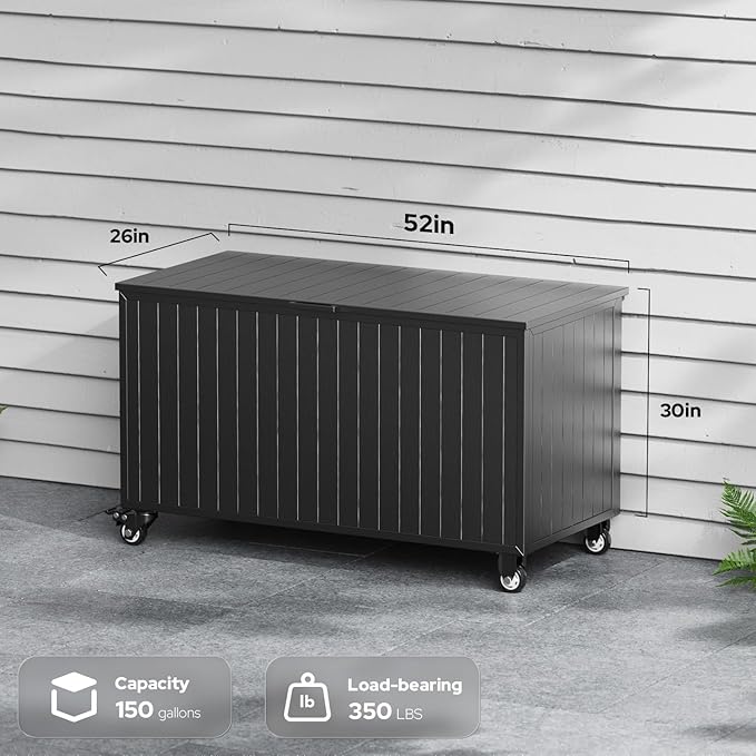 150 Gallon Outdoor Storage Box with Wheels, Metal Deck Box Waterproof, UV Resistant Patio Storage Box with Lid for Patio Furniture, Garden Tools, Outdoor Cushion (Charcoal)