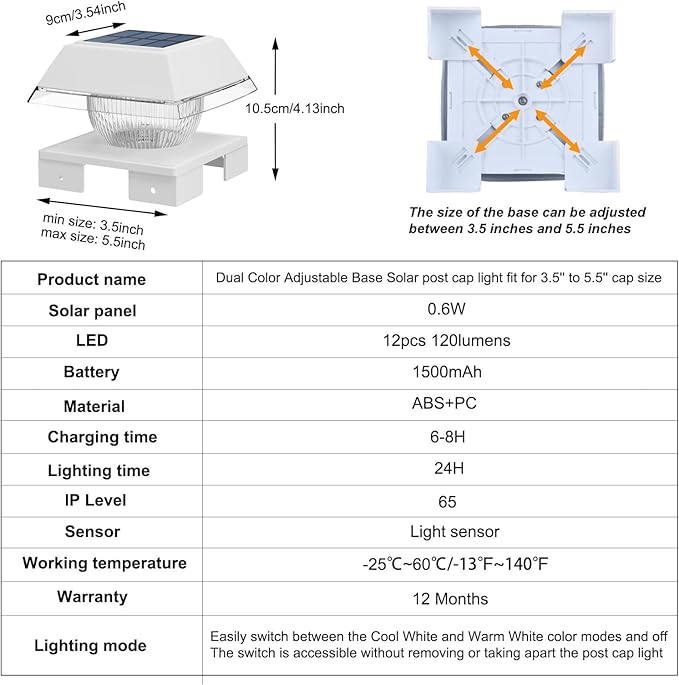INDARUN Post Lights Solar Powered, Fence Deck Post Solar Lights Fit 4x4 5x5 6x6 Wood Posts/Vinyl 4x4 Post Caps, Outdoor Post Lights with 2 Colors Modes, 120Lumen, for Patio/Porch/Backyard Decor
