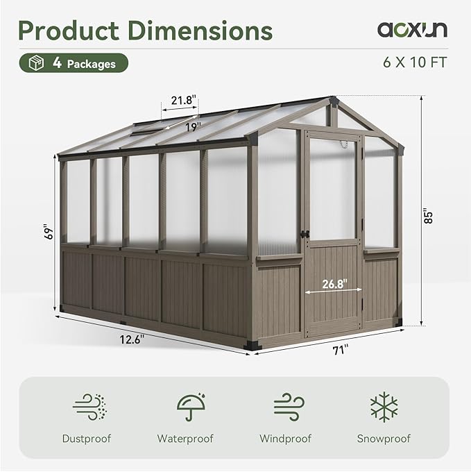 Aoxun 6x10 FT Wood Green House for Outdoors, Polycarbonate Panel Wooden Walk-in Greenhouse Kit with Automatic Temperature Control Roof Vent and Lockable Door, for Outside Backyard Garden, Gray