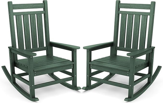SERWALL Oversized Outdoor Rocking Chair Set of 2, HDPE Rocker for Adults, Patio Rocking Chairs for Porch, Green