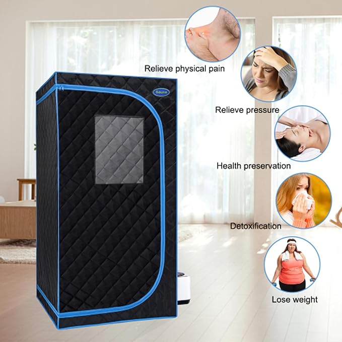 Portable Black Mini Plus Style Steam Sauna Tent–Personal Home Spa, with Steam Generator, Remote Control, Foldable Chair, PVC Pipes. Easy to Install,Fast Heating, with FCC & UL Certification.