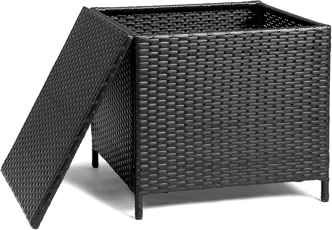 VINGLI 27 Gallon Outdoor Deck Box, Wicker Outdoor Storage Box with Lid, Small Storage Bin Container for Outside and Patio, Patio Rattan Side Table for Yard Porch (Black, Square)