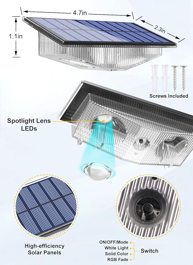 Solar Fence Lights, Fence Light Solar Powered with 6 RGB Colors/Warm White/Cool White, Dusk to Dawn Deck Lights Waterproof, Bright Solar Outdoor Light for Backyard, Outside, Wall, Step(4 Packs)