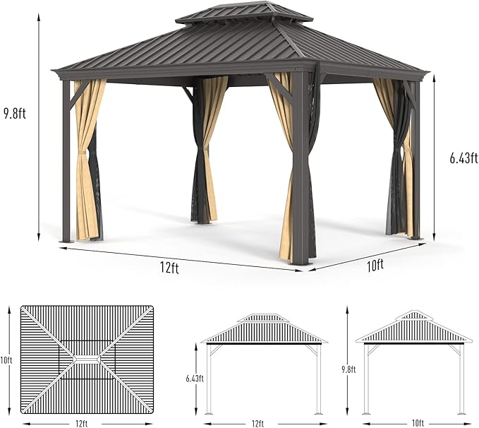 Gazebo 10' x 12' with Mosquito Net and Privacy Sidewalls, Patio Aluminum Permanent Gazebo, All Weatherproof Outdoor Hardtop Metal Gazebos，for Patio, Garden, Parties, Backyard,Lawn.