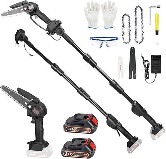 2-in-1 Cordless Pole Saw, Cordless Chain Saw, 33Ft/s Battery Pole Saw with 2Pcs 1500mAh Batteries 4in/6in Chains, 13ft Reach Electric PoleSaw, Comes with 3 extension rods, for Tree Trimming