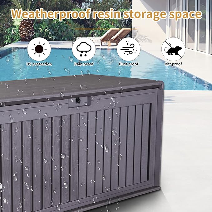 LANTRO JS 100 Gallon Deck Box, Waterproof Deck Storage Box, Resin Plastic Patio Storage Box with Side Handles, Lockable Storage Containers