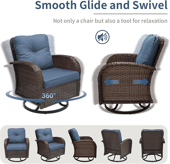 3 Pieces Patio Furniture Set, Outdoor Swivel Rocking Chair Set of 2 with Side Table - 360° Swivel, Thick Cushions, All-Weather Bistro Set for Deck, Porch, Pool(Navy, Brown Full-Weave Rattan)