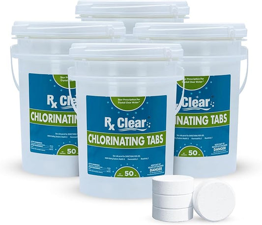 Rx Clear 3" Inch Chlorine Tabs | 200 Pounds | Individual Stabilized Chlorinating Tablets for Sanitizing Swimming Pools | Long Lasting, Slow Dissolving, and UV Protected (4 x 50 LB Buckets)