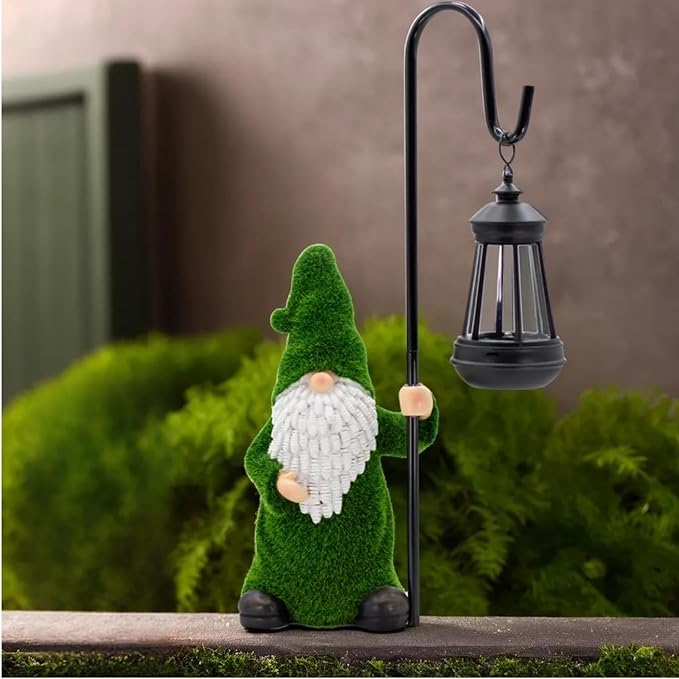 Garden Gnome with Solar Lantern, Grass-Like Flocked Hat, Outdoor Garden Figurine Lights, Unique Gift for Women, Mom, Friends (Green Flocked Gnome)