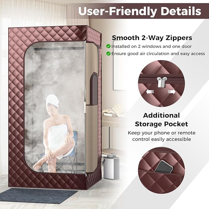 Giantex Portable Sauna Box, Full Body Steam Sauna for Home with 3L Generator, Remote Control, Folding Chair & Wooden Foot Roller, Lightweight Single Person Sauna Tent, 36" x 36" x 72", Coffee