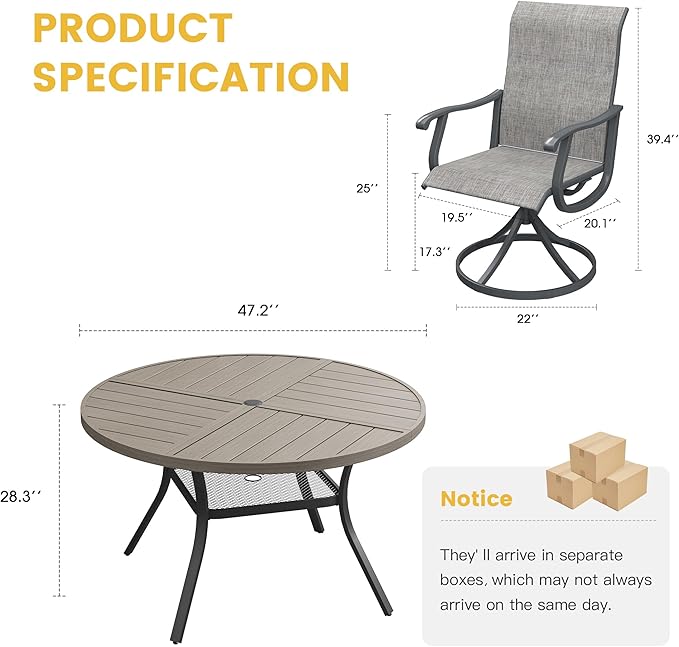 VICLLAX 7 Pieces Patio Dining Set for 6, Outdoor Furniture Set Includes 47.2" Outdoor Round Table and 6 Patio Swivel Chairs for Lawn Garden, Grey Wood Grain Tabletop and Grey Fabric