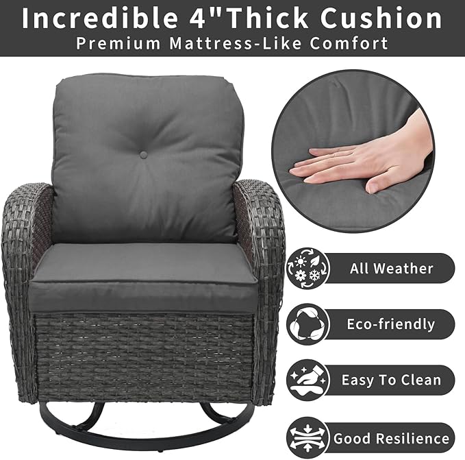 3 Pieces Patio Furniture Set, Outdoor Swivel Rocking Chair Set of 2 with Side Table - 360° Swivel, Thick Cushions, All-Weather Bistro Set for Deck, Porch, Pool(Grey, Grey Full-Weave Rattan)