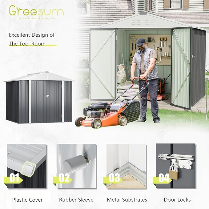 Greesum 8x6FT Outdoor Storage Shed, Utility Tool Shed Metal Storage Garden Shed with Door & Lock for Patio Storage, Gray