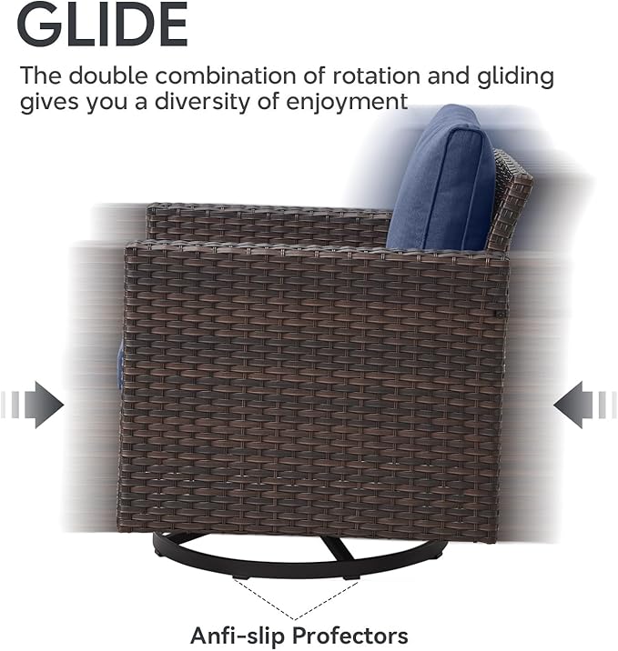 6 Piece Wicker Patio Furniture with Fire Pit Table - Outdoor Conversation Set with 50,000 BTU Fire Pit, All Weather Rattan Patio Set for Deck Backyard Garden - Brown Wicker Blue Cushion