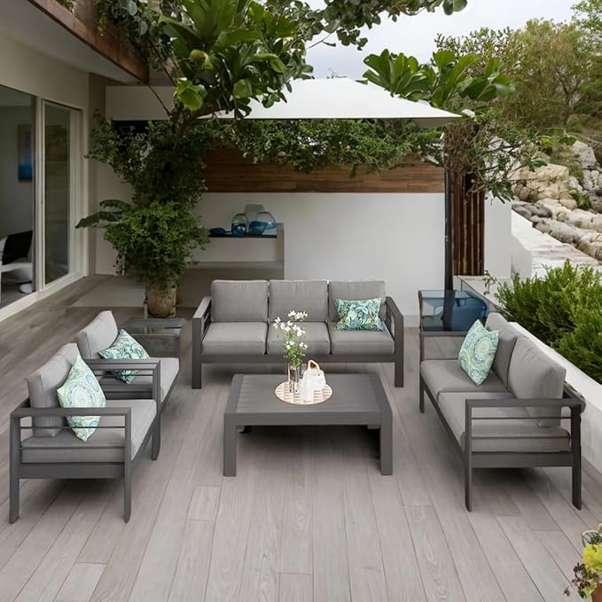 Solaste Aluminum Patio Furniture Set for All Weather, Oversized Metal Outdoor Furniture Set with 27.5" Deep Seating and 3.2" Wide Armrest, Outdoor Patio Conversation Set with 5" Cushion, Grey
