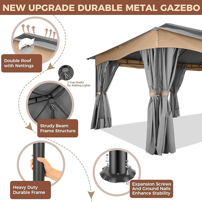 COBIZI Gazebo 12x20 Heavy Duty Gazebos with Curtain and Netting Outdoor Gazebo Canopy Double Roof Patio Gazebos with Metal Steel Frame for Patio, Garden, Backyard (Gray)
