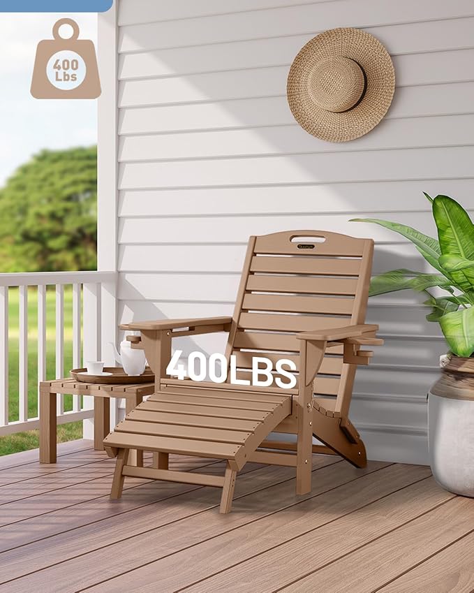Folding Adirondack Chairs Set of 6,Adirondack Chair with Retractable Ottoman,Plastic Adirondack Chairs with 2 Cup Holder,Weather Resistant Patio Chair,Outdoor Chairs Set of 6(Teak)