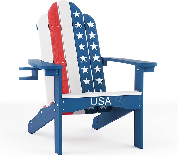 LUE BONA HDPS Adirondack Chairs Set of 8, Fire Pit Outdoor Chair Weather Resistant with Cup Holder, Modern Plastic Chair Plastic for Patio, Deck, Proch, 350LBS, Flag Blue