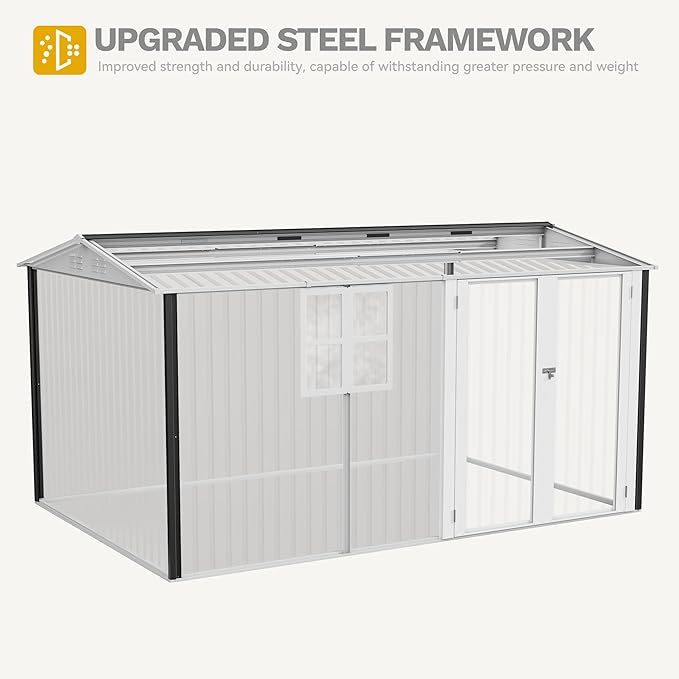 DWVO 12x8ft Large Tool Storage Shed with Window, Lockable Doors, and Sloped Roof, Oversized Steel Outdoor Storage Shed for Garden, Patio, Garage, Backyard, Lawn(Gray + White)