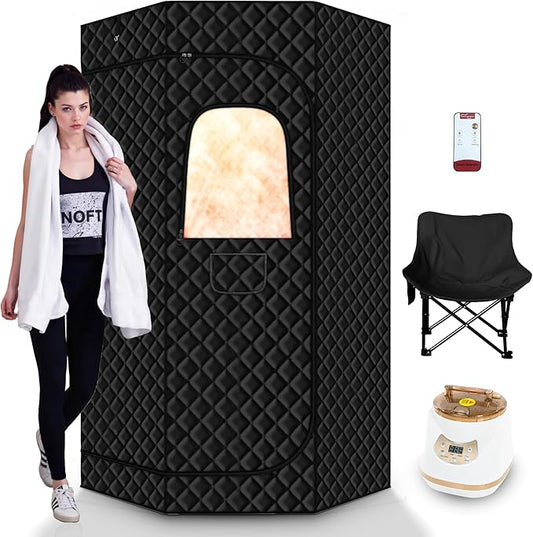 Portable Steam Sauna, Steam Sauna Tent Full Body Personal Sauna Room with 3L 1500W Steam Generator, Remote Control, Remote Control, 9 Levels Heat, 90 Mins Timer,Foldable Chair,Black
