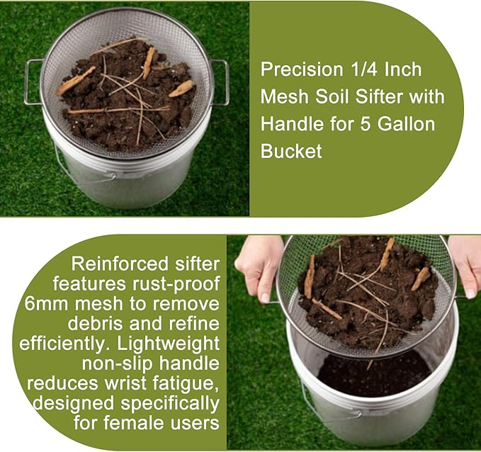 Sand Soil Compost Sifter 1/4 Inch Mesh,Garden Tool Set,Stainless Steel Tools with Organizer Bag,Gardening Kit for Weeding, Planting, Digging,Gardening Gifts for Women Novice Gardener