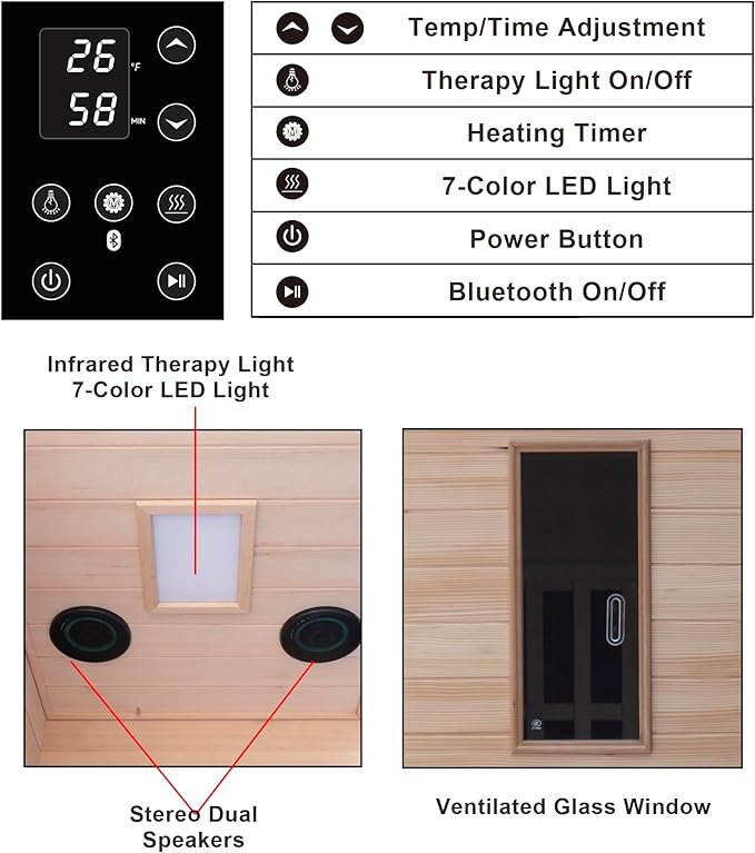1-Person Indoor Infrared Sauna 1000W – Canadian Hemlock Wood Home Sauna with Red Light Therapy, Bluetooth Speaker, Glass Door,Big Room: 37.8" x 30.3" x 65.4"