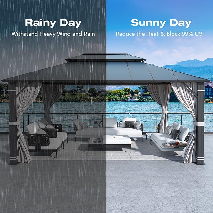 MELLCOM 12x16FT Hardtop Gazebo, Permanent Outdoor Aluminum Patio Gazebo with Aluminum Composite Double Roof for Patio Lawn and Garden, Curtains and Netting Included