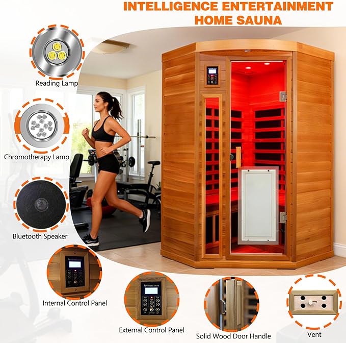 2-3 Person Corner Far Infrared Sauna for Home, 1760W Ultra-Low EMF（0-1mG） Indoor Red Cedar Wood Sauna Room with 8 Heating Panels, Dual Control Panel, Bluetooth Speaker & Chromotherapy Lights