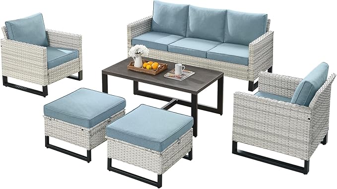 Rilyson Wicker Outdoor Patio Furniture Set - 6 Piece Patio Conversation Set with 2 Armrest Chairs,2 Rattan Ottoman,1 Couch and 1 Metal Side Table for Outside Porch Deck Backyard(Light Grey/Sky Blue)