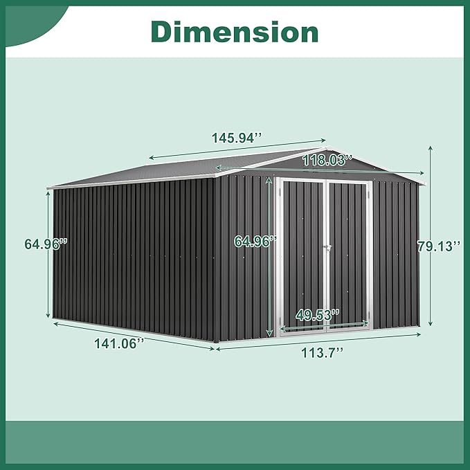 10x12 FT Outdoor Storage Shed, Large Metal Garden Shed with Lockable Hinged Doors, Outside Tool Shed with Sloped Roof & 4 Air Vents, Waterproof Storage Building for Backyard, Patio, Lawn, Black