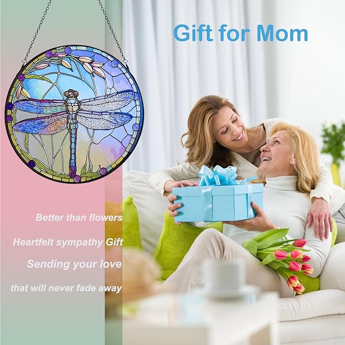 12 Inch Stained Glass Window Hanging, Large Dragonfly Suncatcher, Stained Glass Window Suncatcher, Dragonfly Home Wall Art Decor for Indoor/Outdoor, Hand Colorful Panel Sun Catcher, Gift for Mom