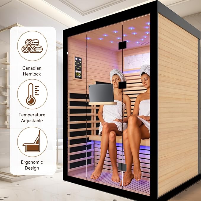 2 Person Infrared Sauna Room Far Infrared Saunas Home Canadian Hemlock Indoor 2100W Low-EMF Dry Saunas with Oxygen Bar 7 Color Therapy 53.1 * 47.2 * 74.8inch