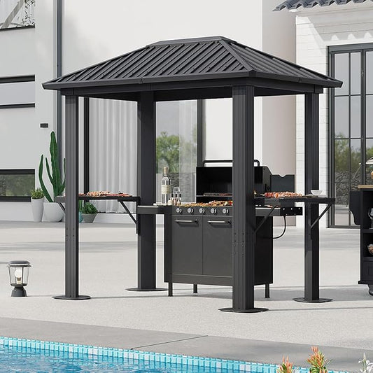Aoxun Grill Hardtop Gazebo 5 x 8 FT, Outdoor Metal Hard Top Gazebo, Permanent BBQ Pavilion with Galvanized Steel Roof, Aluminum Pavilion with Shelves for Lawn, Garden, Patio, Backyard (Dark)