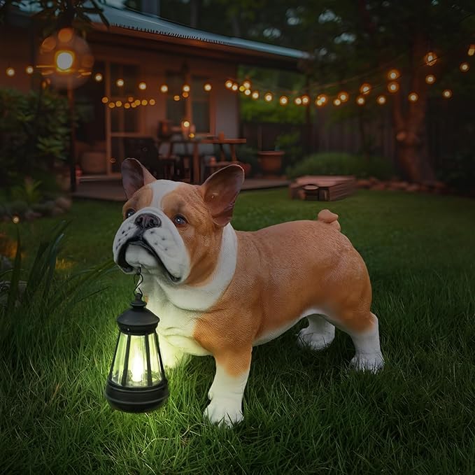Bulldog Solar Welcome Statue, Hand-Painted Resin Standing Dog Figurine with Lantern and Dual Wooden-Style Signs, Loyal Guardian Sculpture for Garden and Porch Décor