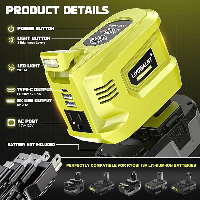 200W Real Power Inverter Compatible with Ryobi 18V, DC 18V to AC 110-120V Battery Inverter, LIVOWALNY Power Station Generator, Charger Adapter Battery Powered Outlet with 2 USB & 1 Type-C & 1 AC