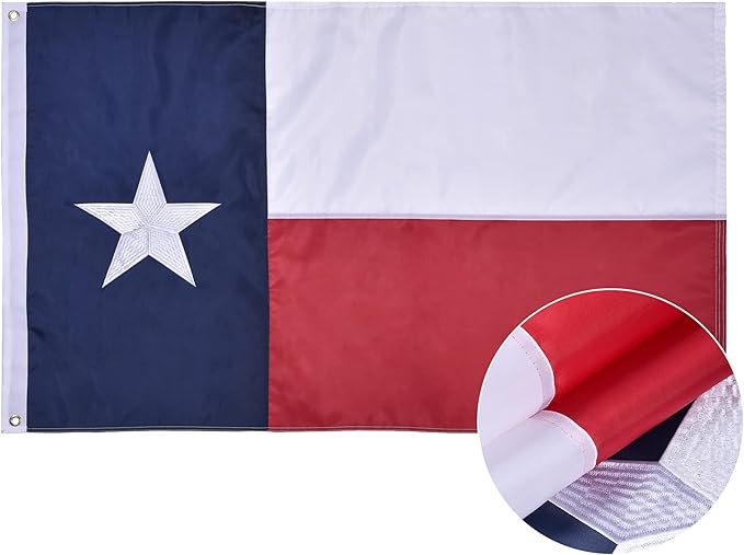 Texas State Flag 4x6 Ft, Deluxe Embroidered Heavy Duty Polyester Durable TX Flag with Sewn Stripes and Brass Grommets for Indoor/Outdoor Use