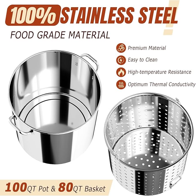 Stainless Steel 100QT Crawfish Boiler Kit, Waterproof Cover & 18-inch Skimmer, 110,000BTU Propane Burner Stove, 0-20PSIG Regulator, Seafood Boil Pot, Crab Boil Pot with 80QT Basket