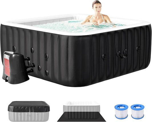 4-6 Person Inflatable Hot Tub, Large Square Blow Up Portable Hot Tub, Leak-Proof PVC Outdoor Spa with 130 Air Jets, Insulated Cover and Heater Pump, 73” X 73”X 25”